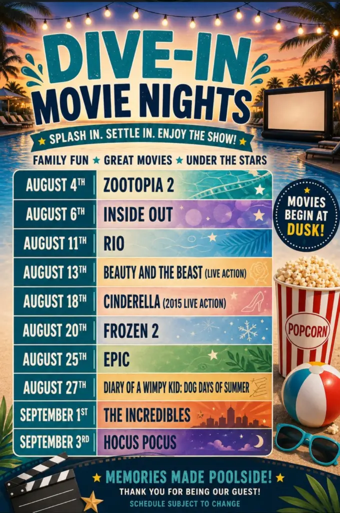 Dive In Movie August schedule for kids at Edgeater